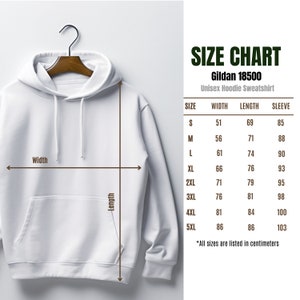 May include: A white unisex hoodie sweatshirt with a size chart showing measurements in inches. The chart includes sizes S through 5XL with corresponding width, length, and sleeve measurements.