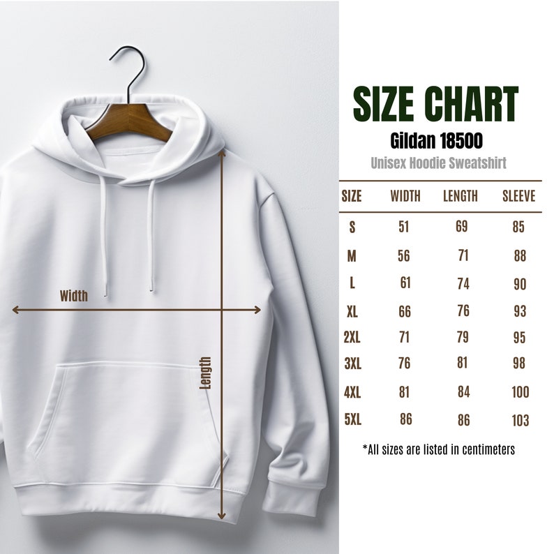 May include: A white unisex hoodie sweatshirt with a size chart showing measurements in inches. The chart includes sizes S through 5XL with corresponding width, length, and sleeve measurements.