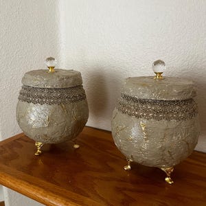 Handmade Textured Stone Look Jars with Crystal Lids, Rustic Luxury Storage Home Decor