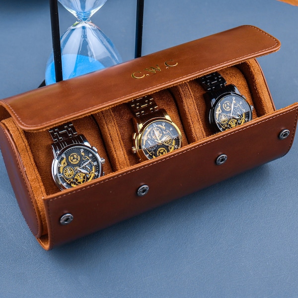 Personalised Leather Watch Case, Watch Roll for 3 Watches, Customized Watches Cases, Groom Gift