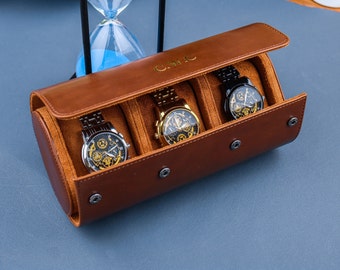 Personalised Leather Watch Case, Watch Roll for 3 Watches, Customized Watches Cases, Groom Gift