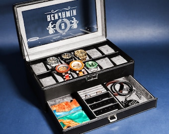 Personalized Black Watch Box - Multifunctional Watch Box, Men's Gift, Gift for Dad, Groomsmen Gift, Anniversary Gift, Christmas gifts