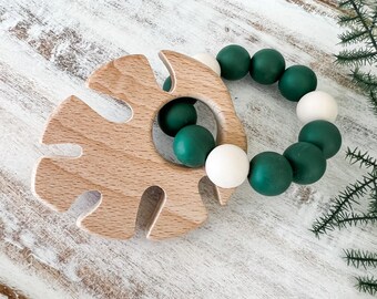 Monstera Leaf Rattle, Baby Rattle Toy, Wooden Toys, Silicone and Wood, Sensory Toys, Rattles