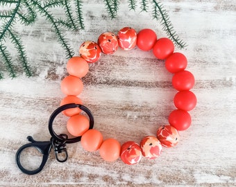 Red and Orange Floral Keychain, Wristlet Keychain, Bracelet Keychain, Bright Keychain, Silicone Bead Keychain, Teacher's Gift