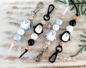 Penguin Lanyard, Penguin Keychain, Winter Accessories, Winter Keychain, Christmas Lanyard, Nurse's Gift, Teacher Gift, Silicone Bead