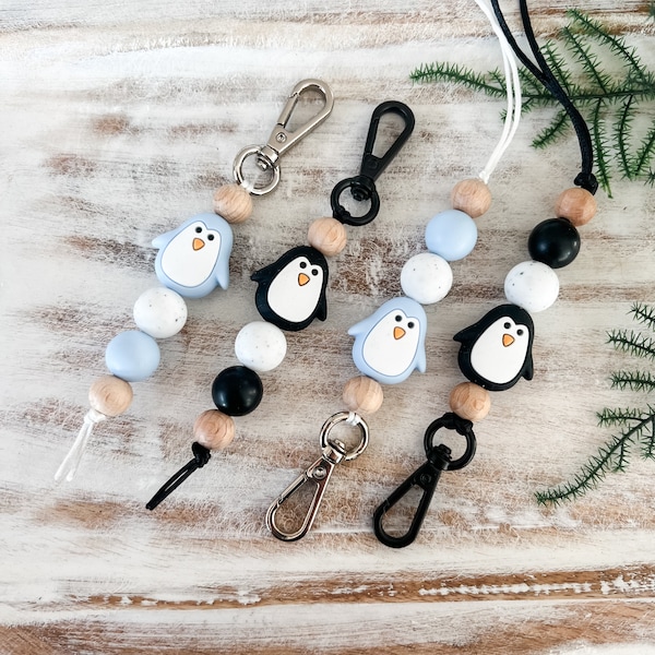 Penguin Lanyard, Penguin Keychain, Winter Accessories, Winter Keychain, Christmas Lanyard, Nurse's Gift, Teacher Gift, Silicone Bead