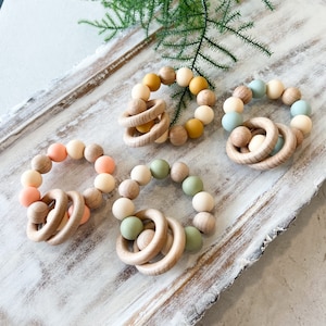 Neutral Rattle, Rattles, Wooden Toys, Sensory Toys, Silicone Beads, Silicone Rattle, Wood Rings