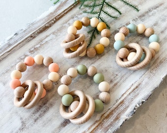 Neutral Rattle, Rattles, Wooden Toys, Sensory Toys, Silicone Beads, Silicone Rattle, Wood Rings