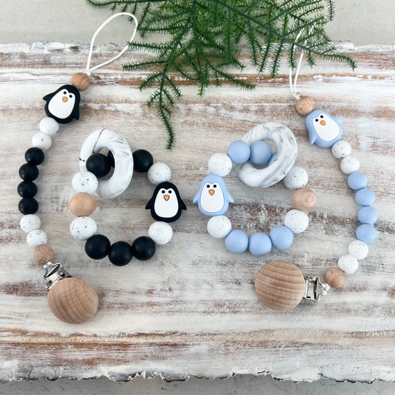 Penguin Pacifier Clip, Binky Clip, Winter Accessories, Soother Attachment, Penguins, Christmas Penguins, Baby Christmas Outfit, Rattle Ring