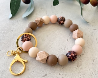 Fall Wristlet, Wristlet Keychain, Silicone and Wood Bead Keychain, Neutral Colors, Keychain Bracelet, Birthday Gifts, Gifts for Her