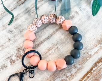 Pink Leopard Wristlet Keychain, Silicone Bead Keychain, Pink Keychain, Bracelet Keychain, Silicone Bracelet, Gift for Her