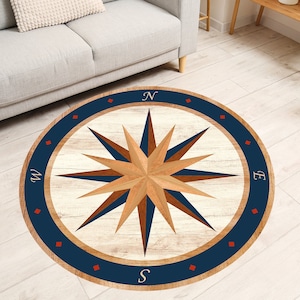 Compass Rose Rug, Compass Medallion Decor, 3D Compass Rug, Non-slip Floor Area Round Rug, Yacht Rug, Home Decor, Housewarming Gift, Mirer