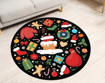 Black Merry Christmas Rug, Christmas Round Decor, Christmas Gift, Holiday Rug, Christmas Tree Mat, Round Rug, Holiday Gift for Your Family