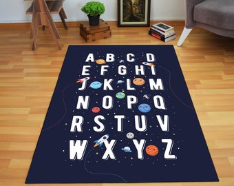 Space Themed Alphabet Rug, Alphabet Carpet, Kids Carpet, Space Themed Nursery Rug, ABC Rug, Kids Room Carpet, Gift for Kids, Kids Room Décor