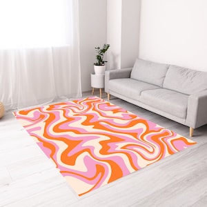 70s Style Pink Wavy Rug, Indie Room Decor Area Rug, Orange Swirl Rug, 70s Trippy Rug, Pastel Groovy Rug, Mid Century Abstract Retro Carpet