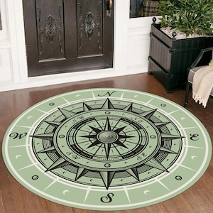 Round Compass Rug, Green Compass Rug, Medallion Rug, Round Decor Rug, Gift Round Rug, Round Rug, For Living Room Rug, Compass Design Rug