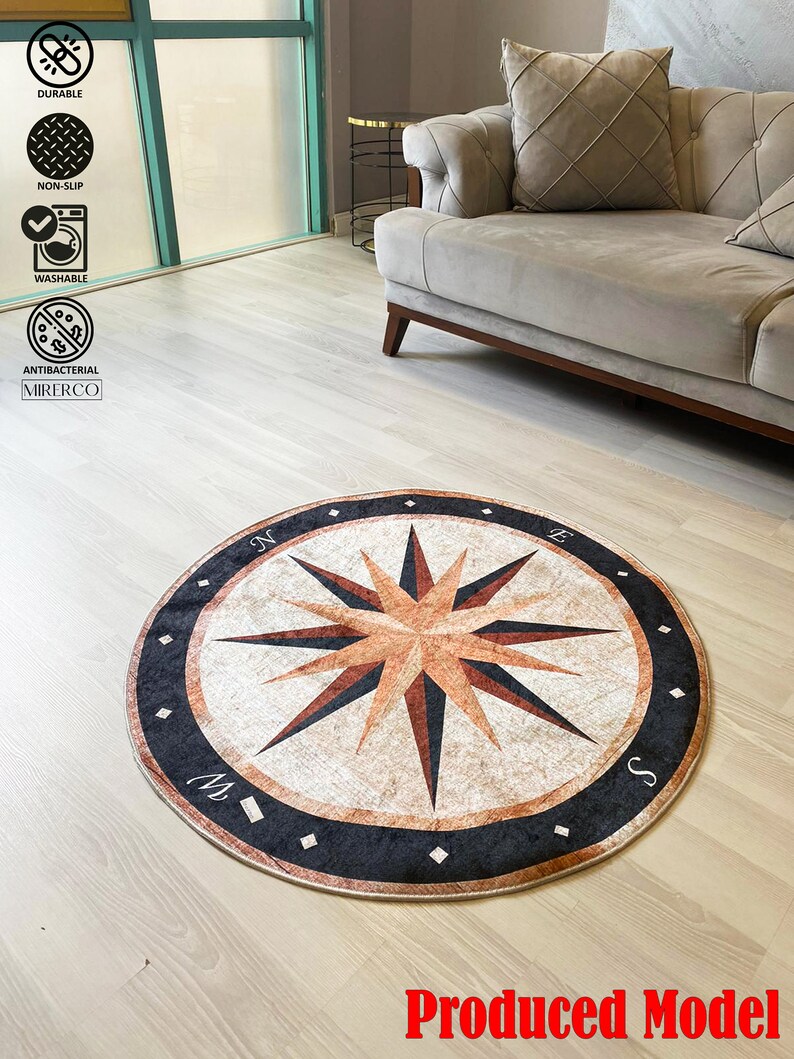 Compass Rose Rug, 3D Compass Rug, Nonslip Floor Area Round Rug
