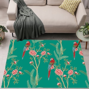 Bird Rugs, Green And Red Rugs, Parrot Area Rug, Oriental Rug, Tropical Design Area Rugs, Chinoiserie Area Rug, Animal Pattern Rugs