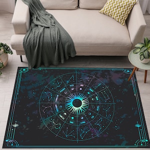 Astrology Rugs, Holographic Art Rug, Zodiac Star Chart Rugs, Night Sky Background Area Rug, Black Area Rugs