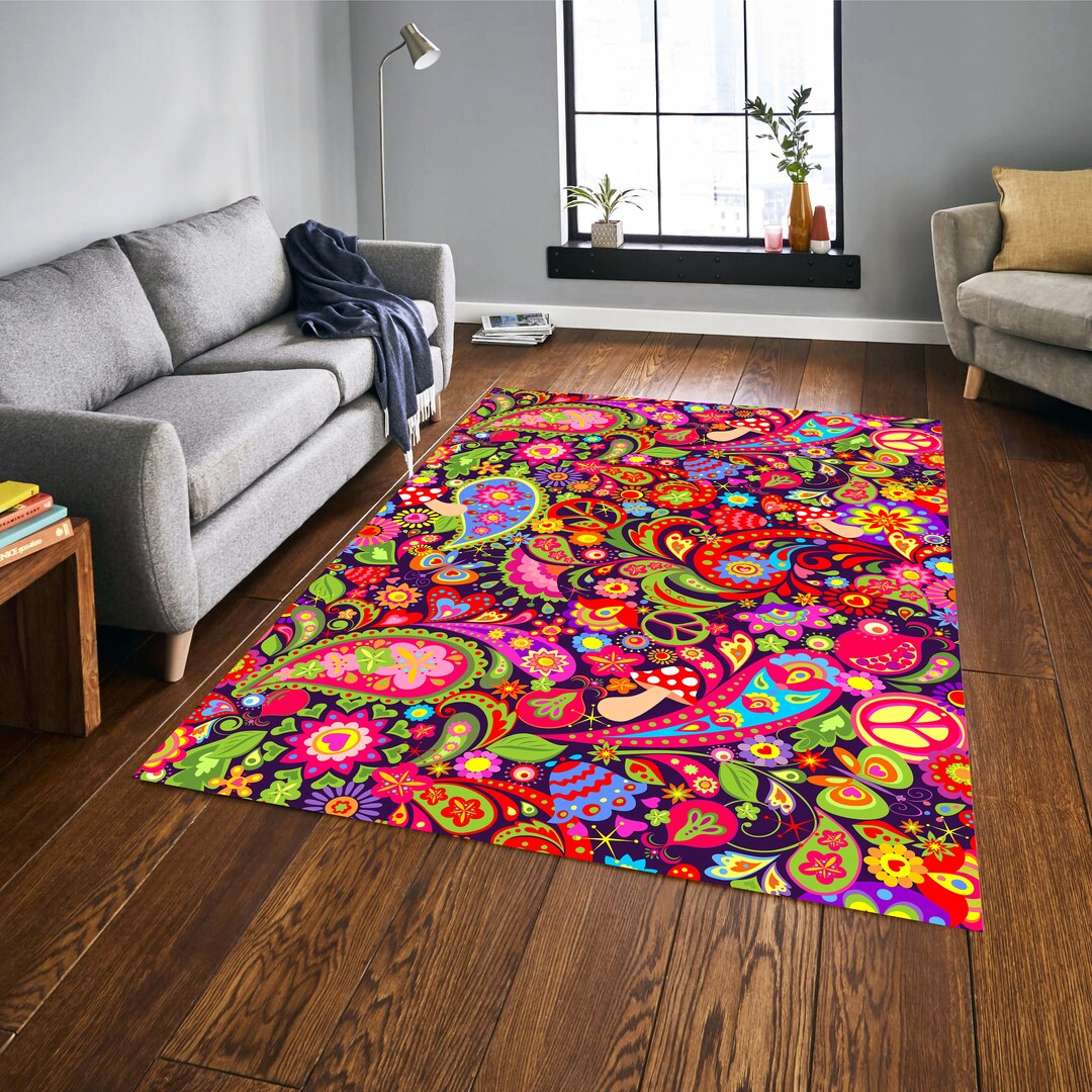 Colorful Area Rug, Hippie Rugs, Paisley Rug, Hippie Area Rug, 1970s Rug