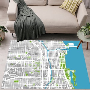 Tapis carte, tapis noir et blanc, tapis carte Chicago, tapis moderne, tapis minimalistes, tapis de ville, tapis carte, tapis de salon sympas