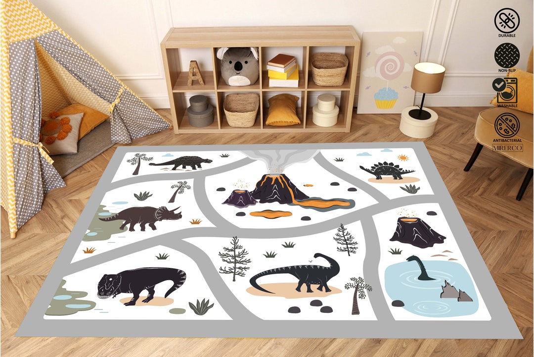 Playmat With Dinosaurs Rug, Volcano Mountains Floor Carpet, Children