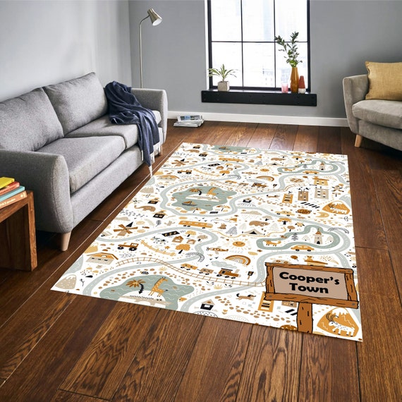 Personalizable Kids Rug, Pillow Case Gift, Nursery Rug, City Road Rug, Washable, Non-slip Play Mat, Metropolis City Play Rug, Kinderkarten