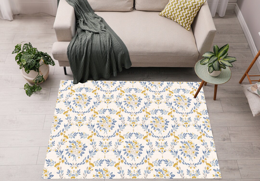 French Country Rugs, off White Yellow and Blue Area Rugs, Shabby Chic