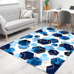 Classic Geometric Rugs, Blue And White Area Rug, Geometric Area Rug, Hexagon Rug, Blue And Gold Area Rug, Geometric Area Rug, Blue Area Rug