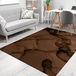 Liquid Dark Brown Print Rug, Chocolate Brown Area Rugs, Hickory Abstract Rug, Brown Abstract Area Rugs, Liquid Marble Effect Rugs