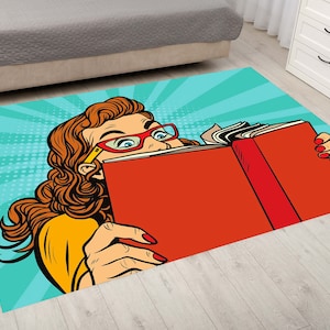 Library Room Rug, Home Library Design Rugs, Pop Art Style Print Carpet, Rugs Pop Art, Retro Home Decor, Reader Rug, Writer, Book Lover Gift