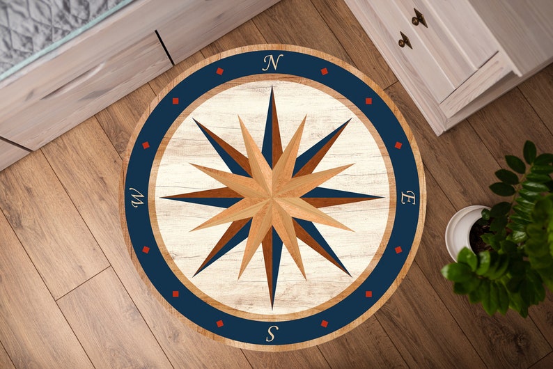 Blue Compass Rug Compass Rose Rug, Compass Medallion Decor, 3D Compass Rug, Non-slip ...