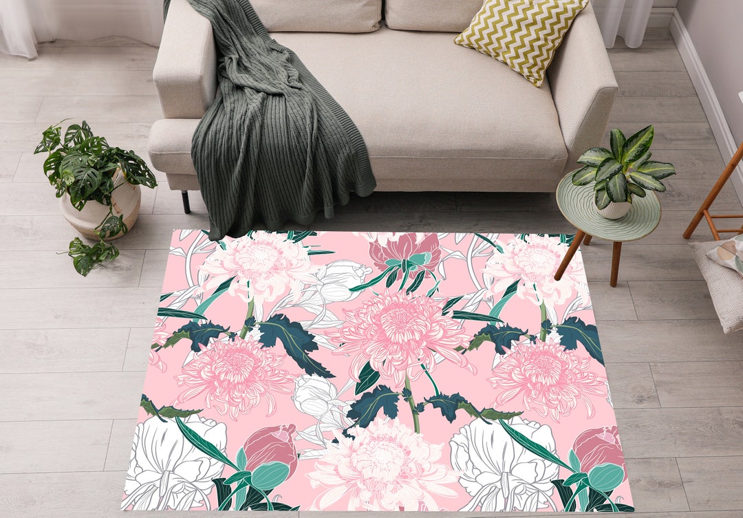 Temu Pink Rug With Flower Blush Pink White and Green Area Rugs, Pink Floral Rug, Oriental Rugs ...