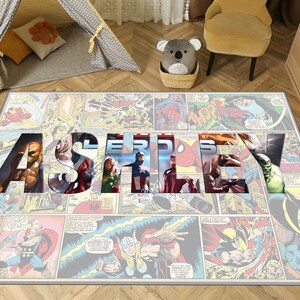 May include: A comic book themed rug with the name "ASHLEY" spelled out in large letters. The letters are made up of images of different superheroes from Marvel Comics. The rug is surrounded by comic book panels featuring various superheroes.