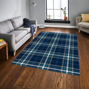 Navy Blue Plaid Tartan Round Rug