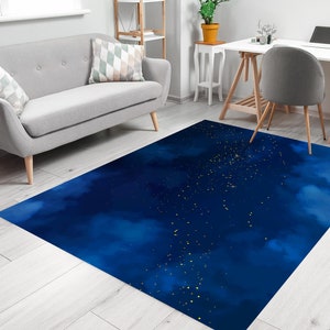 Stars And Clouds Area Rug, Sky Rugs, Navy Blue Carpets, Clouds Theme Living Room Home Decor, Dark Blue Watercolor Floor Mats