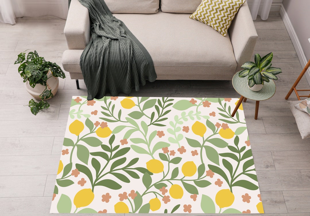 Lemon Rugs, White Green and Yellow Area Rugs, Hand Drawn Lemons and ...