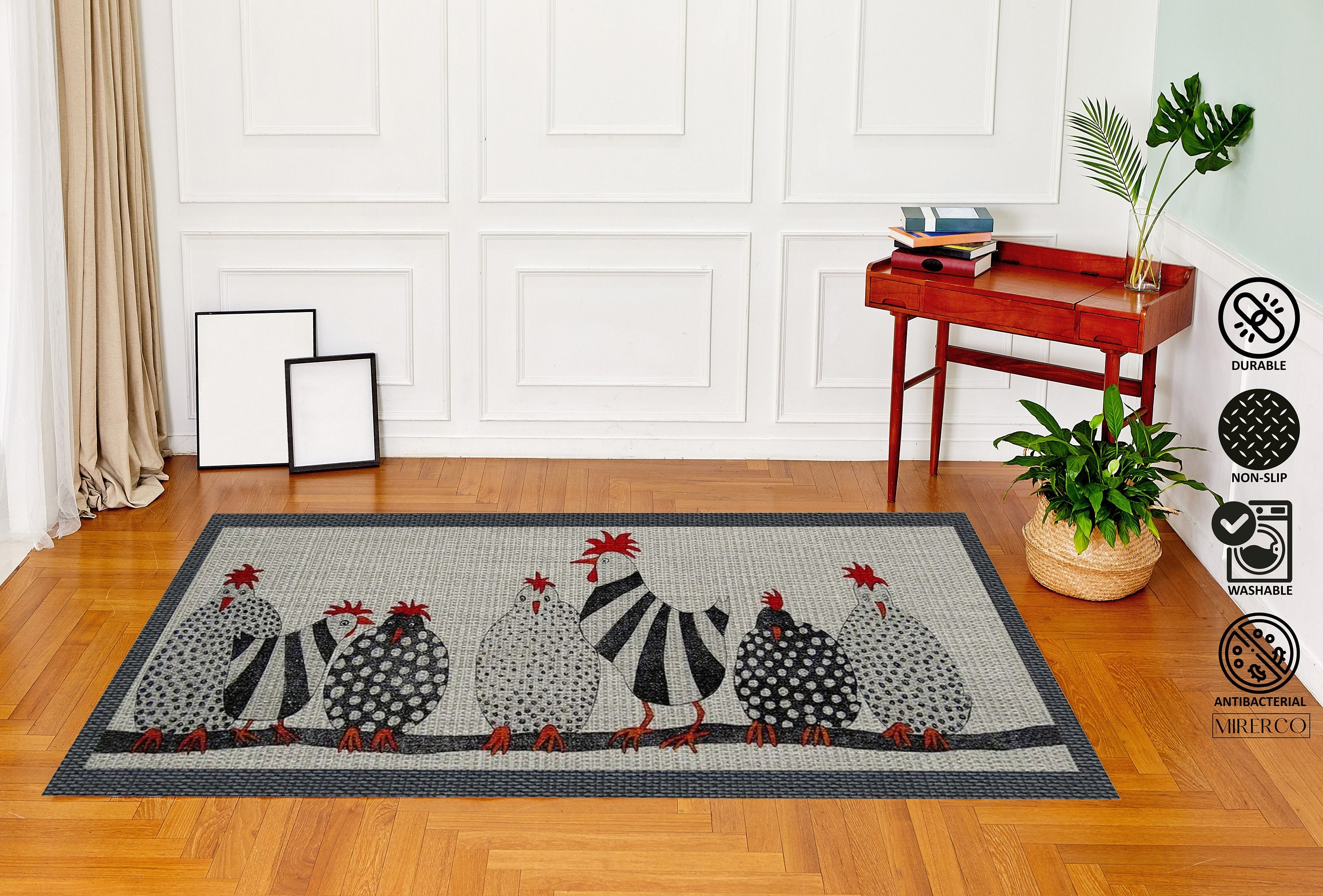  Linen Geometric Rooster Kitchen Rug Kitchen Mat Set of 2,  Farmhouse Decor for Kitchen Mats Cushioned Anti Fatigue 2 Piece Set and  Chicken Kitchen Mat for Home Kitchen Decor or Office