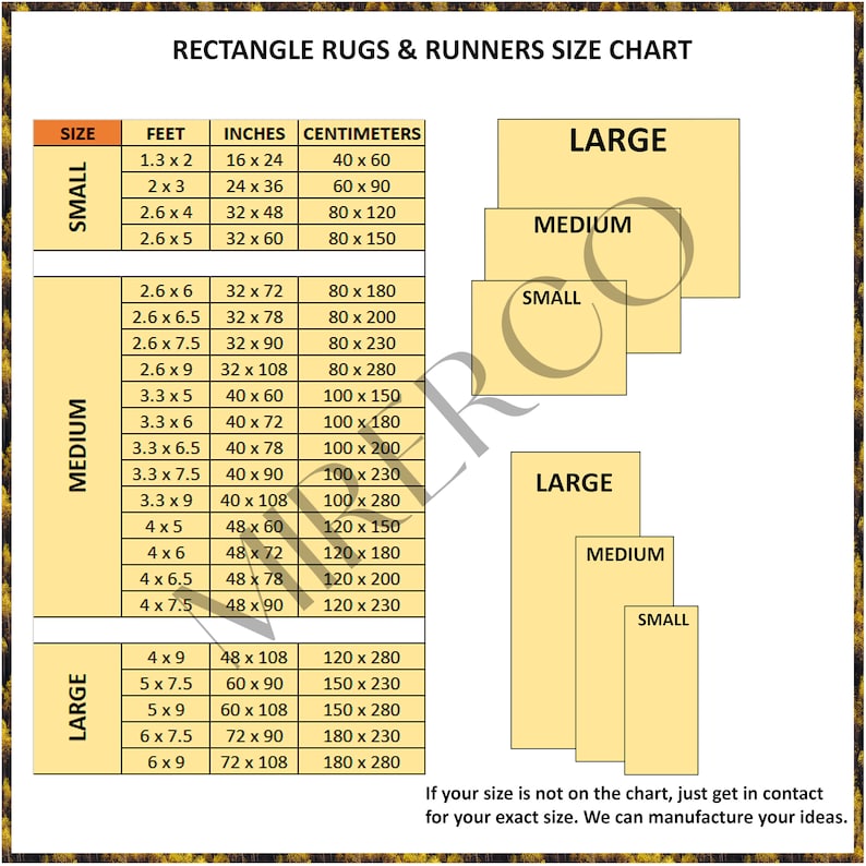 May include: A chart showing different sizes of rectangular rugs and runners in feet, inches, and centimeters. The chart is divided into three categories: small, medium, and large. Each category has a different size range. The chart also includes a note that if your size is not on the chart, you can contact the seller for your exact size.