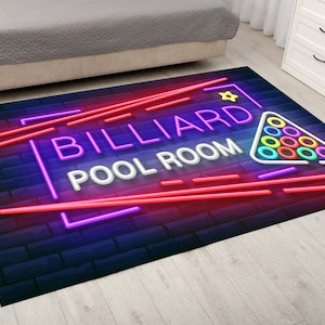 Billiards Club Area Rug, Billiards Player Gift, Neon Design Rug, Retro Billiards Pool Room Rug, Game Room Carpet, Snooker Room Rug,Retro Rug