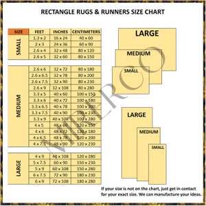 May include: A chart showing different sizes of rectangular rugs and runners in feet, inches, and centimeters. The chart is divided into three categories: small, medium, and large. Each category has a different size range. The chart also includes a note that if your size is not on the chart, you can contact the seller for your exact size.
