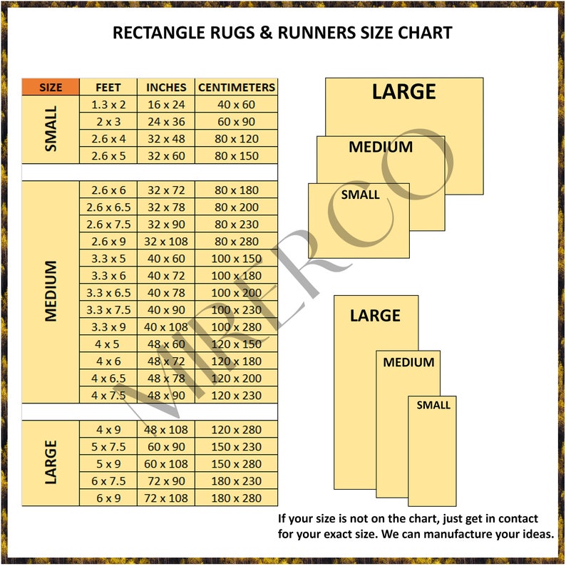 May include: A chart showing different sizes of rectangular rugs and runners in feet, inches, and centimeters. The chart is divided into three categories: small, medium, and large. Each category has a different size range. The chart also includes a note that if your size is not on the chart, you can contact the seller for your exact size.