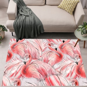Overlapping Flamingo Print Floor Mats, Light Pink Rugs, Blush And Black Carpets, Birds Theme Bedroom Rugs, Tropical Home Decor