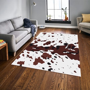 Cow Print Rugs, Animal Print Rug, Spotted Cow Skin Pattern Area Rug, White Brown And Black Area Rugs, Faux Cowhide Rugs