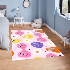 Trippy Smiley Rug, Melted Smiley Face Psychedelic Rug, College Dorm Decor, Groovy Area Rug, Retro Hippie Home Decor, Emoji Rug
