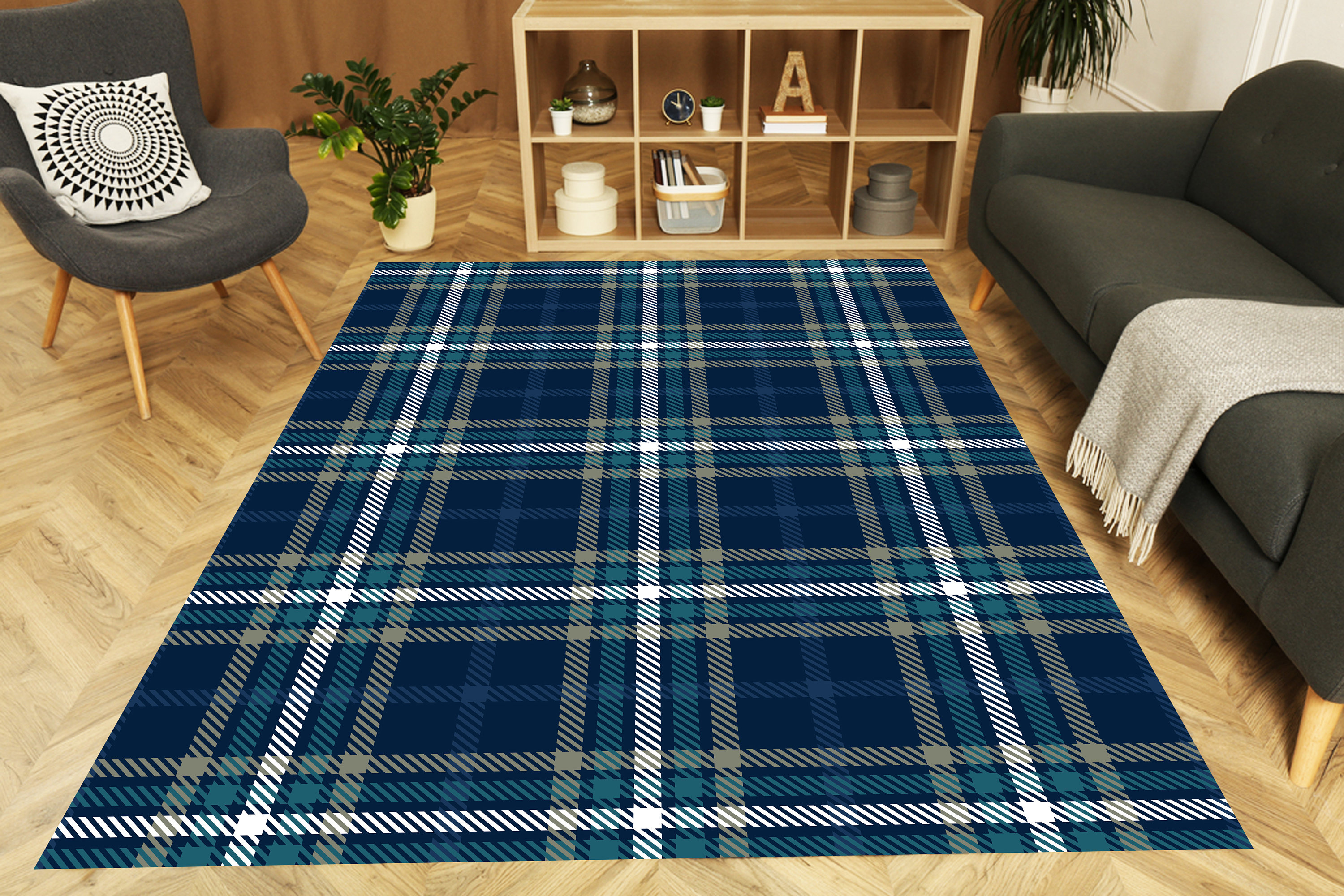 Navy and Teal Rugs, Gingham Rug, Plaid Area Rug, Plaid Pattern Rugs