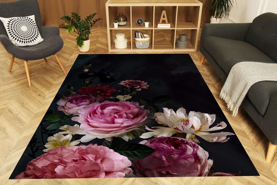 Black Pink and White Area Rugs, Vintage Floral Rug, Black and Pink Rugs