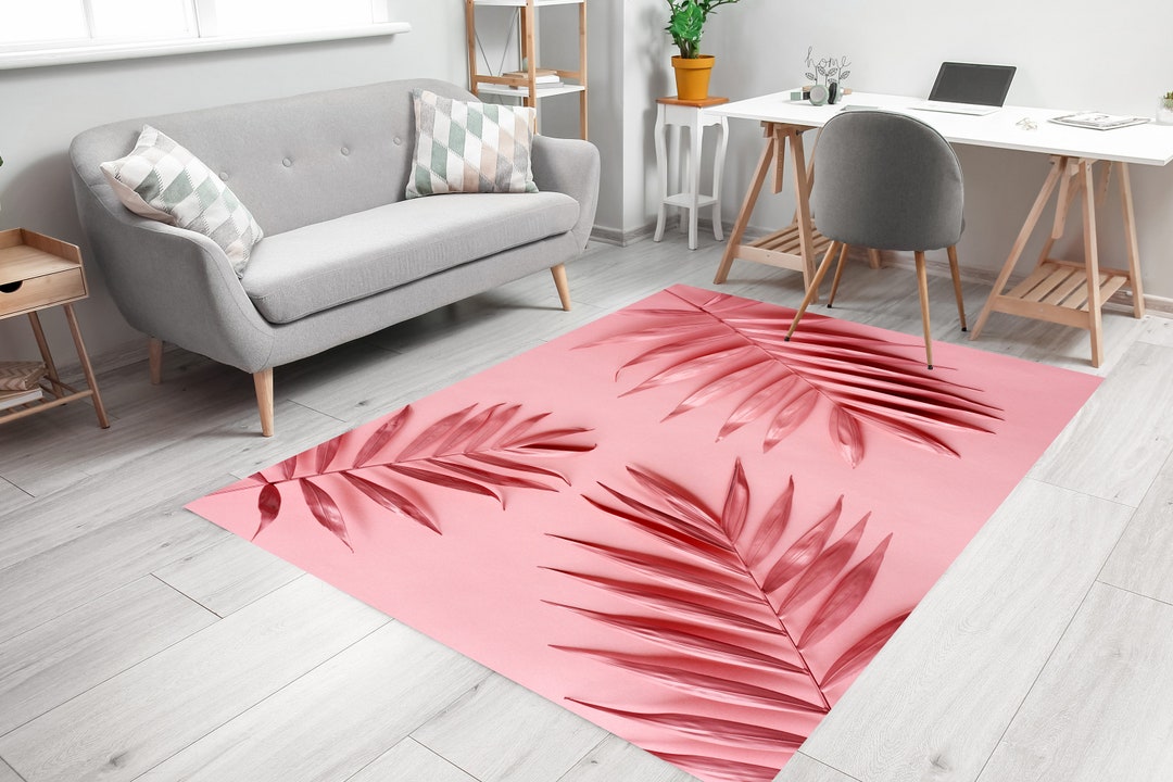 Beach Area Rug, Palm Leaf Rug, Pink Rug, Beach Rug, Tropical Area Rug ...