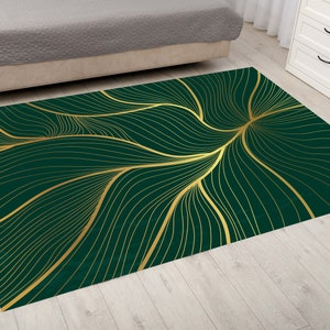 Green Area Rugs, Luxury Golden And Green Area Rug, Abstract Gold Line Art Carpet, Green Emerald Carpet, Home Decor Area Rug, Luxury Rug