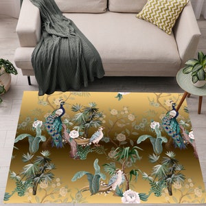 Alfombras grandes asiáticas, alfombras de área de flores chinoiserie, alfombra oriental, alfombra grande con estampado antiguo, alfombras doradas, alfombra de área floral china, alfombra de área de pavo real